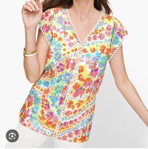 Talbots Multicolor‎ Petal Top L Embroidered Floral Spring Summer Cotton Lined